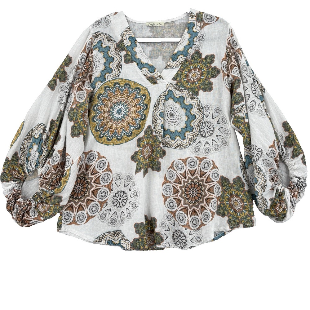 Camille & Co Top Women L Multicolor Medallion‎ Peasant Boho Made in Italy